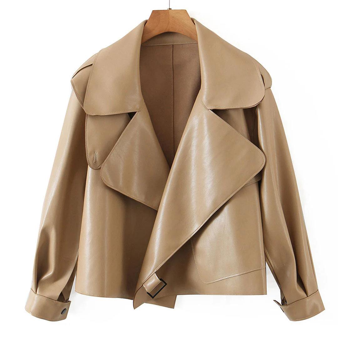 Modern Faux Leather Long Sleeve Collared Cropped Trench Coat - Khaki - Image 2