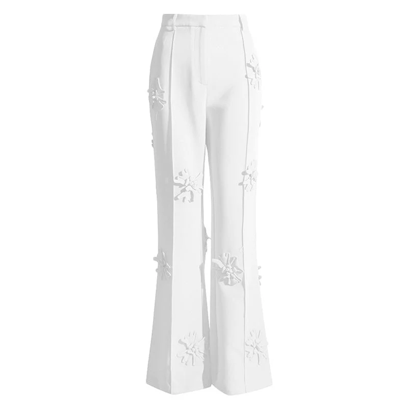 Modern Floral Appliqué High Rise Straight Leg Crepe Pants - Image 3