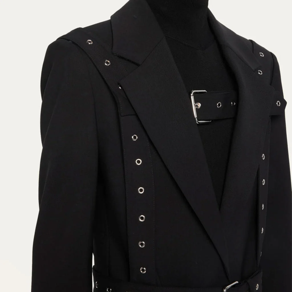Modern Grommet Eyelet Strappy Buckle Belt Lapel Single Breasted Blazer - Image 3
