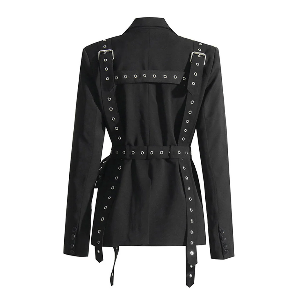 Modern Grommet Eyelet Strappy Buckle Belt Lapel Single Breasted Blazer - Image 5