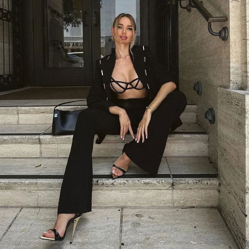 Modern High Waist Bootcut Leg Metallic Accent Notch Lapel Tailored Blazer Matching Set - Image 3