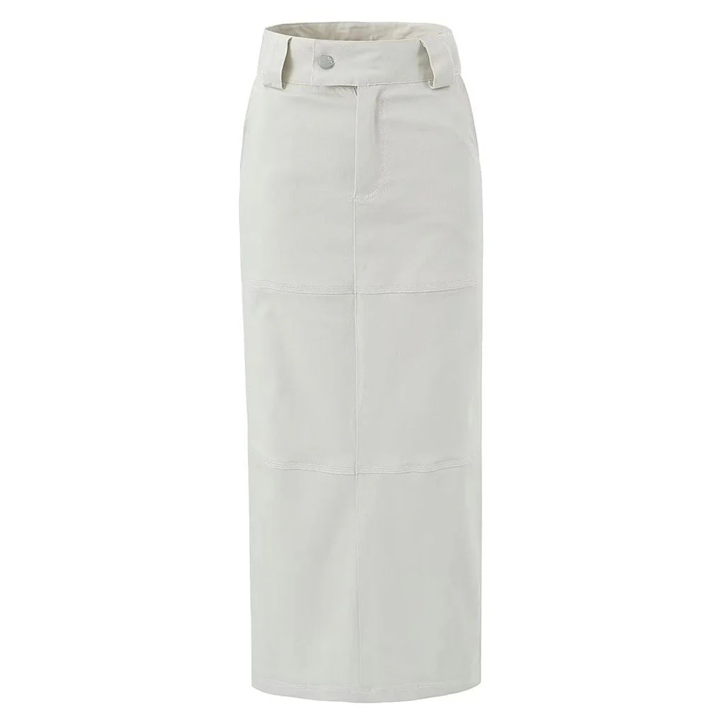 Modern High Waist Contrast Stitch Cotton Blend Back Split Maxi Straight Skirt - Image 3