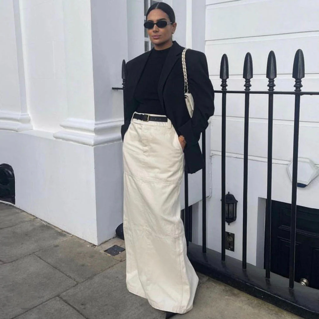 Modern High Waist Contrast Stitch Cotton Blend Back Split Maxi Straight Skirt - Image 4