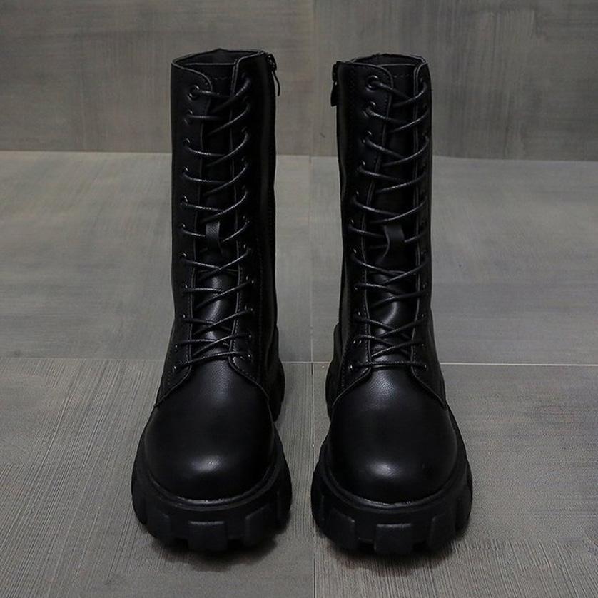 Modern Lace Up Zip Side Lug Sole Chunky Heel Mid Calf Boots - Black - Image 2