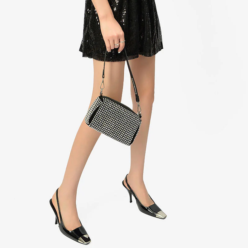 Modern Metal Square Toe Patent Slingback High Heel Pumps - Black - Image 3