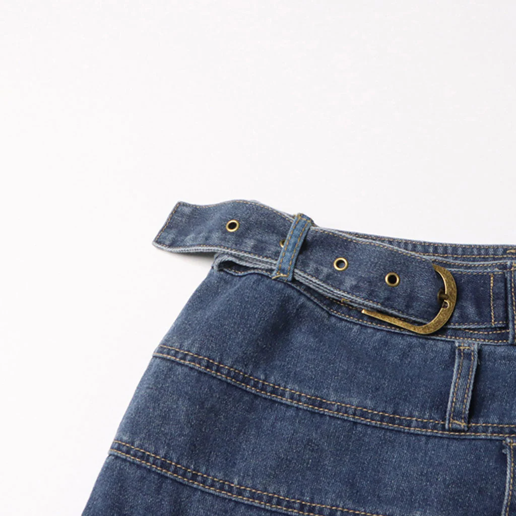 Modern Patchwork Buckle Belted High Waist A Line Mini Denim Skirt - Image 3