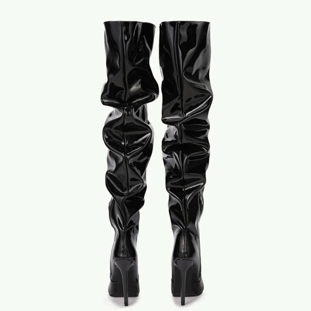 Modern Pointed Toe Stiletto Heel Leather Thigh High Boots - Black - Image 5