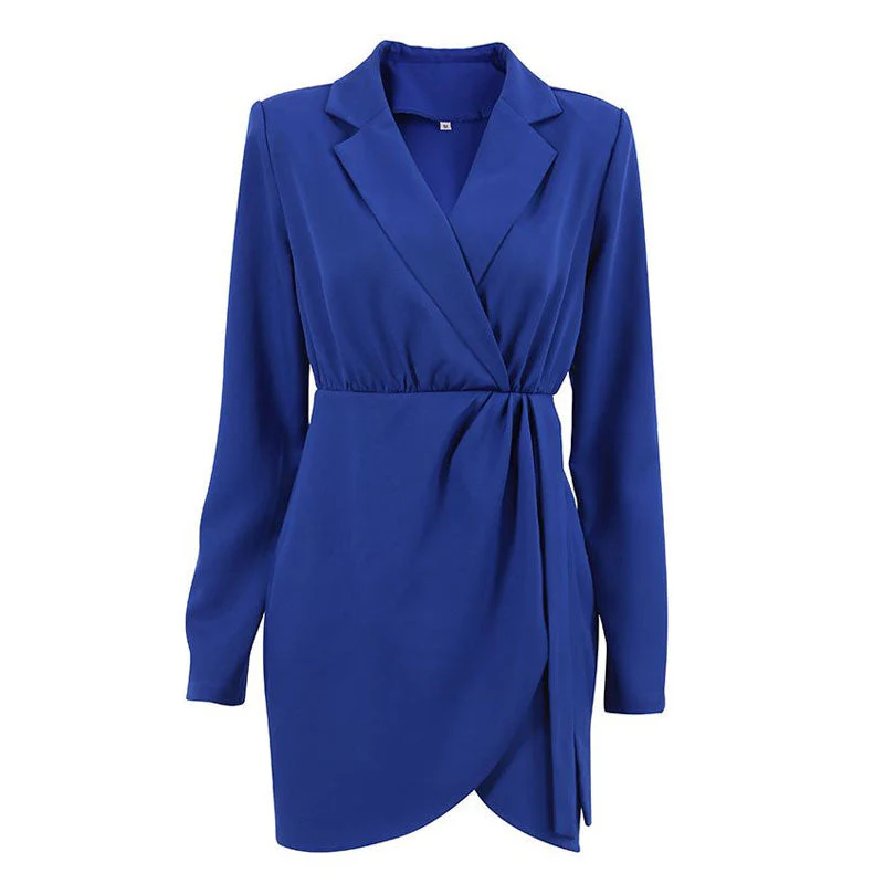 Modern Ruched Shoulder Pad Lapel Collar V Neck Blazer Mini Dress - Royal Blue - Image 4