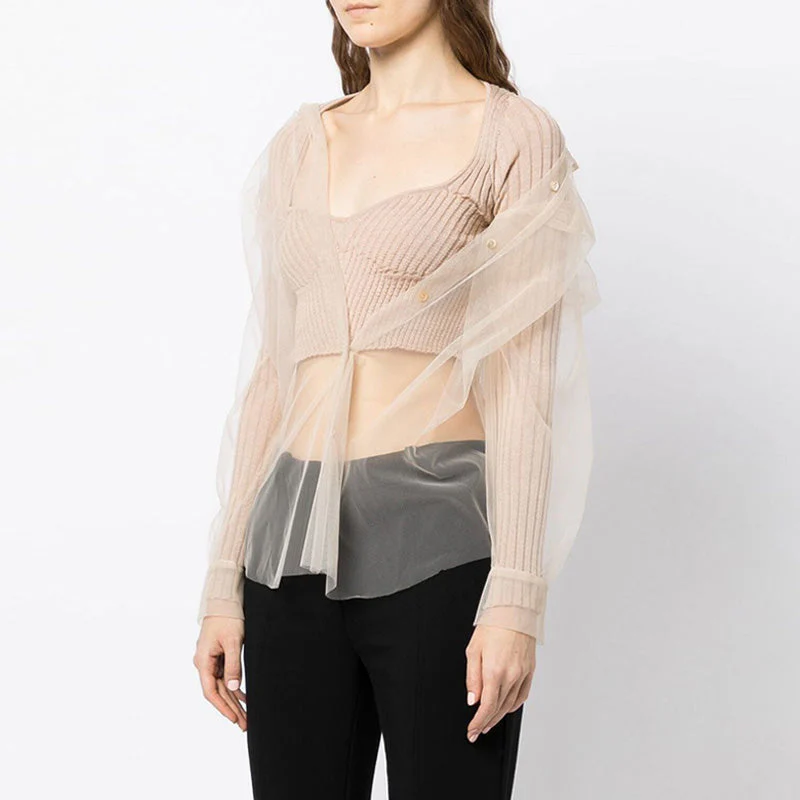 Modern Sheer Layered Sweetheart Neck Long Sleeve Ribbed Knit Crop Top - Image 5