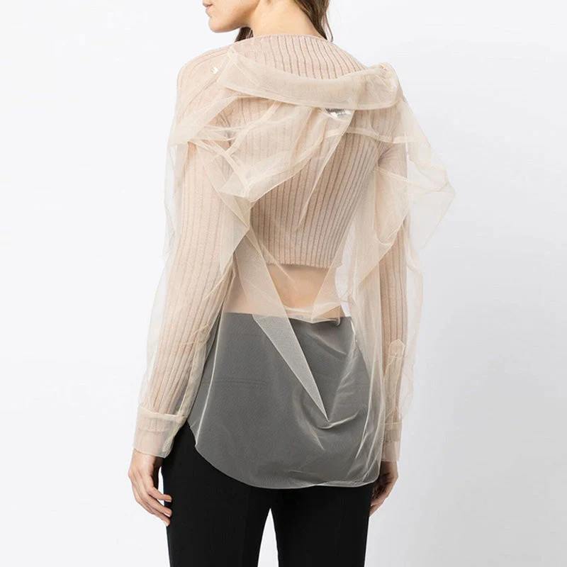 Modern Sheer Layered Sweetheart Neck Long Sleeve Ribbed Knit Crop Top - Image 6