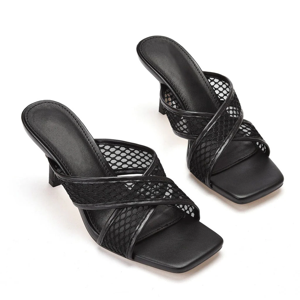 Modern Solid Crisscross Mesh Net Stiletto Mules - Black - Image 3