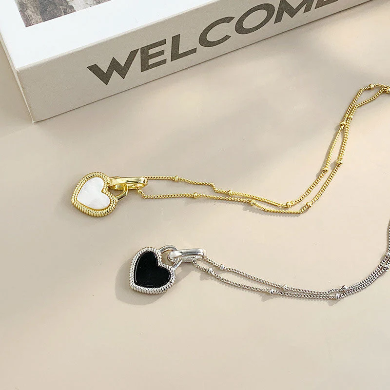 Mother of Pearl Black Onyx Heart Pendant Satellite Chain Choker NeckLace - Image 2