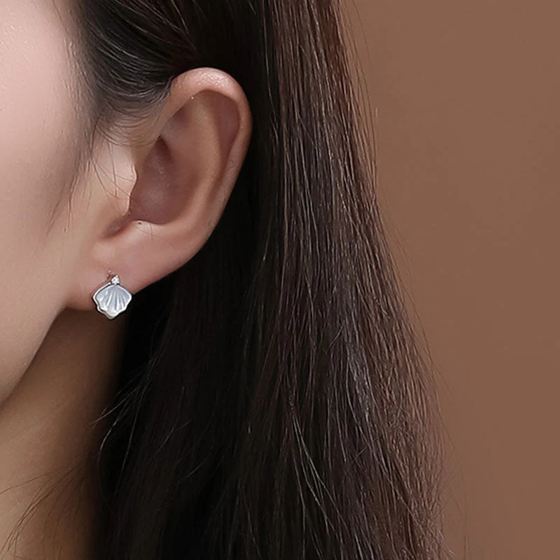Mother of Pearl Rhodium Plated Cubic Zirconia Ginkgo Leaf Stud Earrings - Image 3