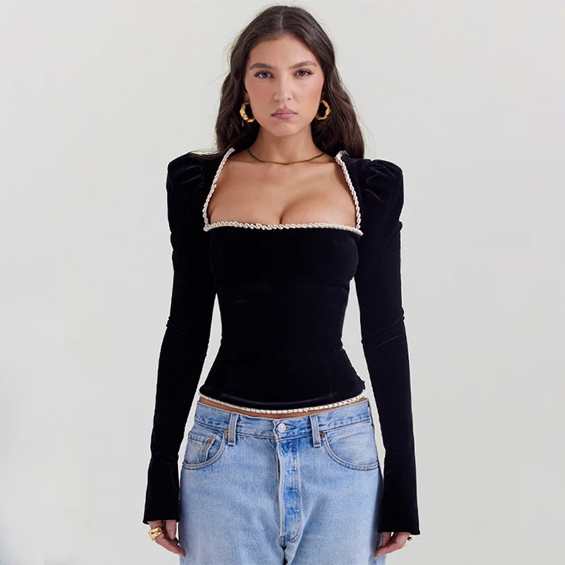 Black SQUARE Collar Lace UP BLOUSE - Image 3