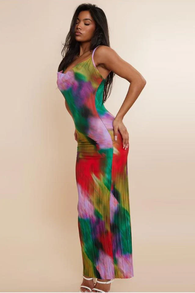 Multi Watercolor Plisse Strappy Maxi Dress - Image 8
