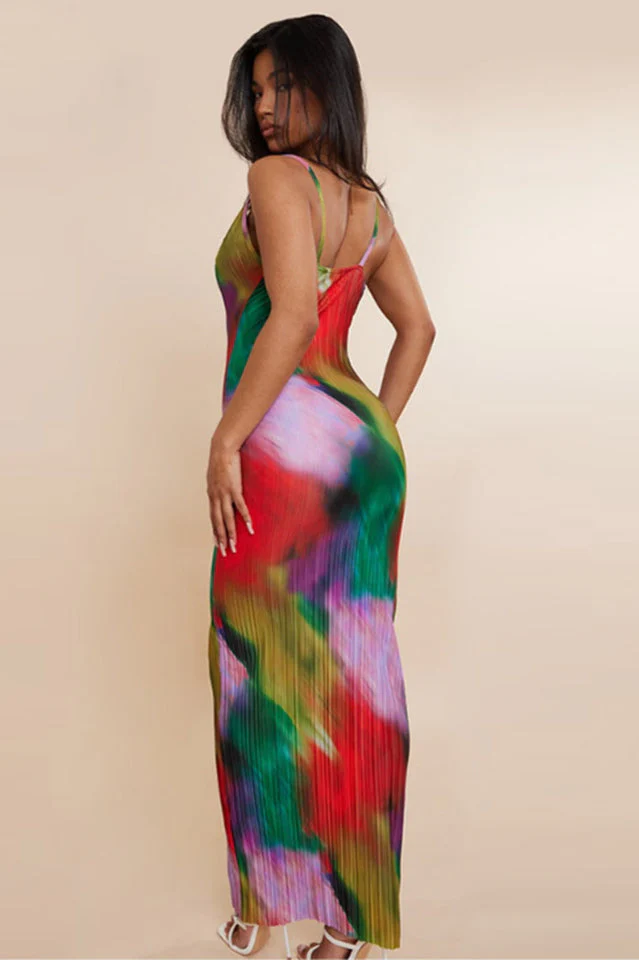 Multi Watercolor Plisse Strappy Maxi Dress - Image 9