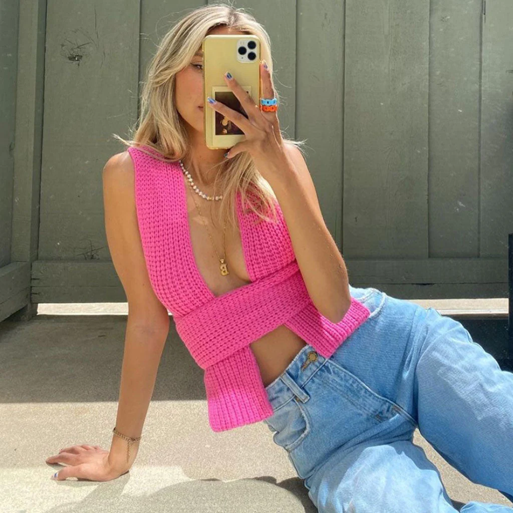 Multi-Way Bandage Tie Strap Cropped Knit Tank Top - Pink - Image 2
