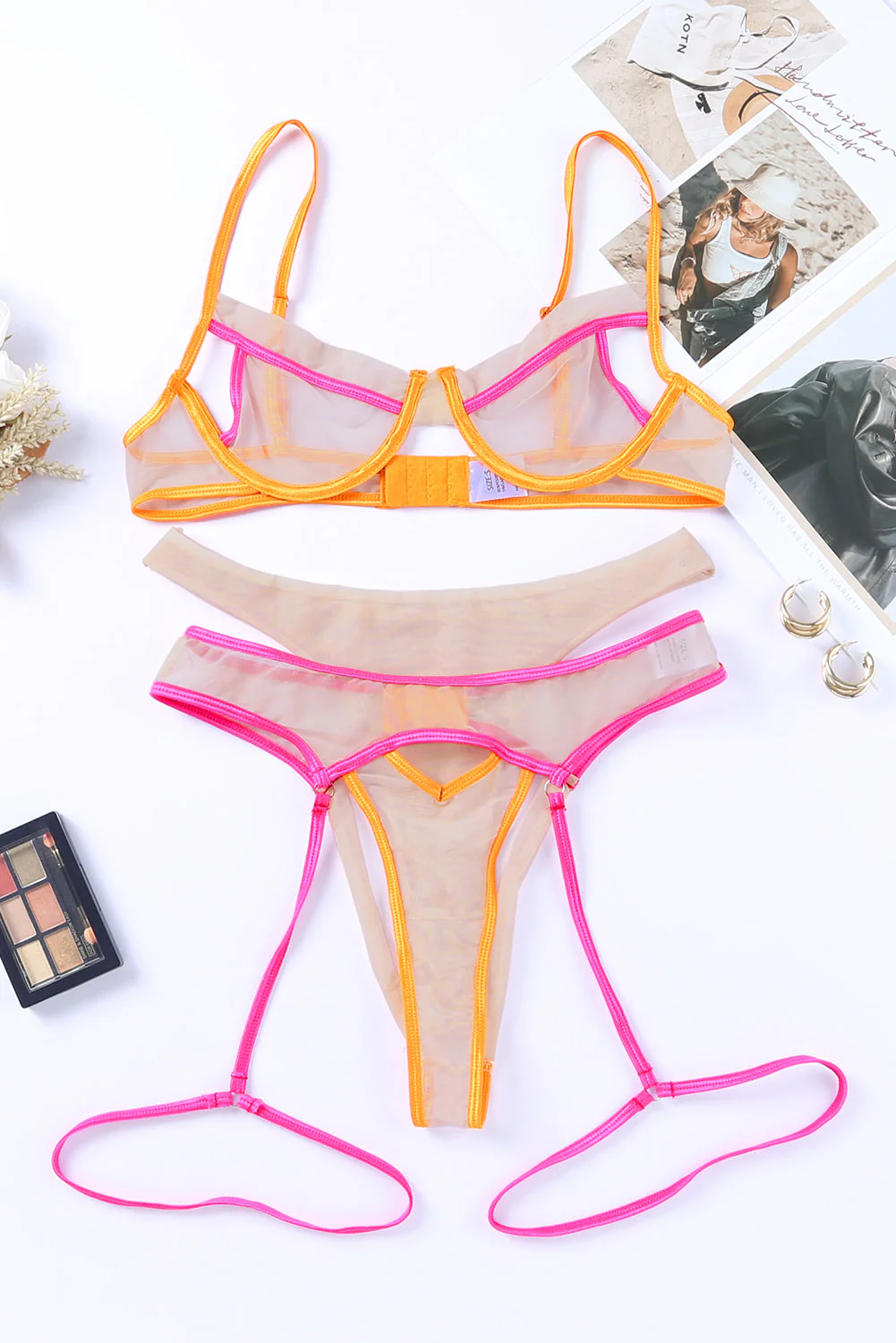Multicolor Colorblock Trim Spaghetti Strap Three Piece Lingerie Set - Image 6