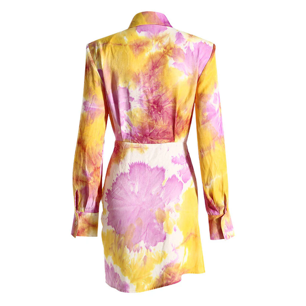 Multicolor Tie Dye Print Collared Long Sleeve Tie Front Button Up Mini Shirt Dress - Image 2