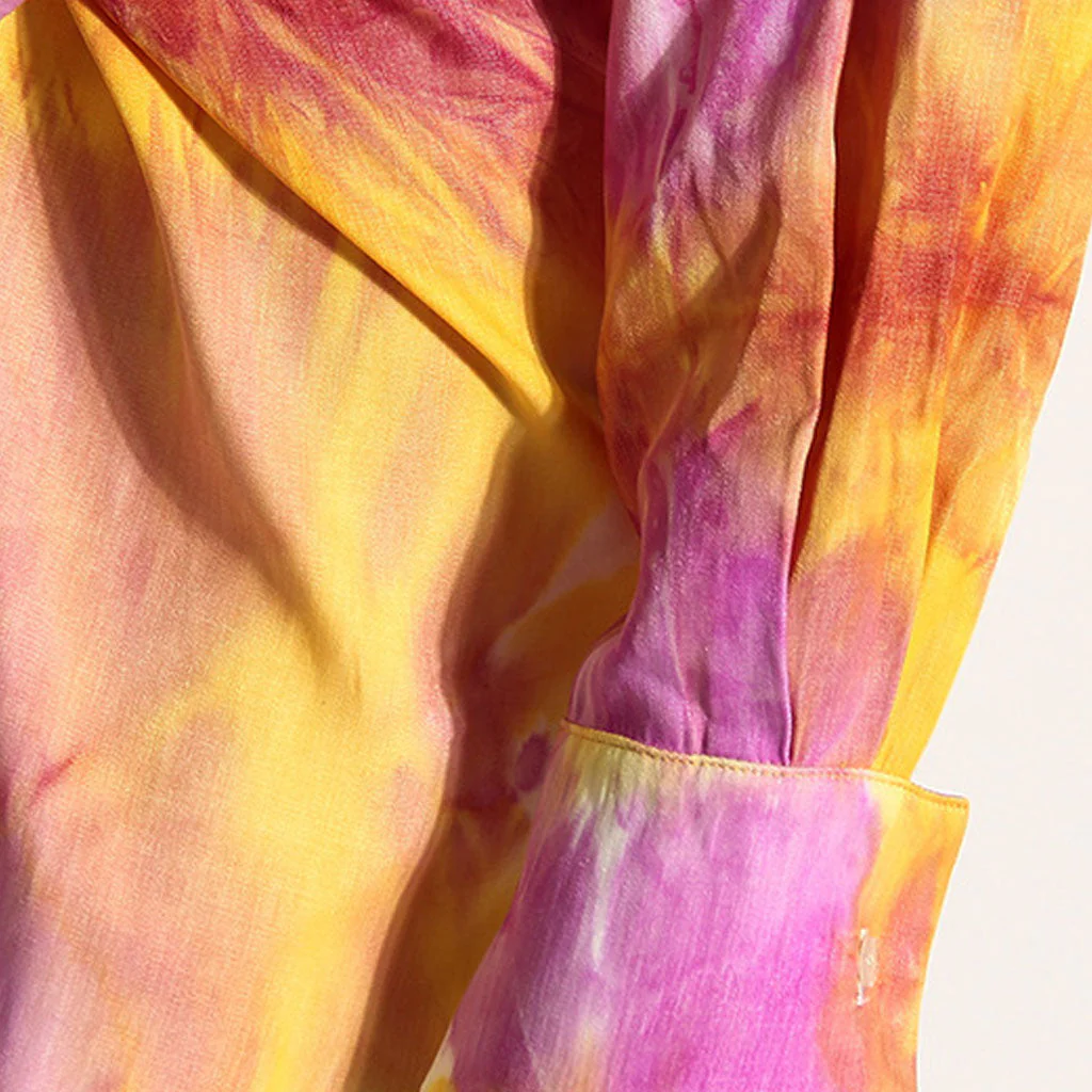 Multicolor Tie Dye Print Collared Long Sleeve Tie Front Button Up Mini Shirt Dress - Image 4