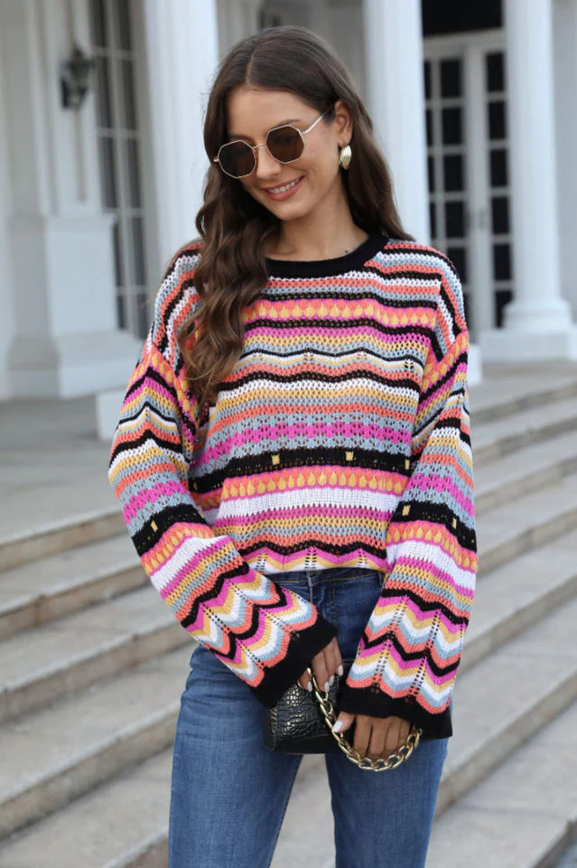 Multicolored Stripe Round Neck Cover-Up - Image 4