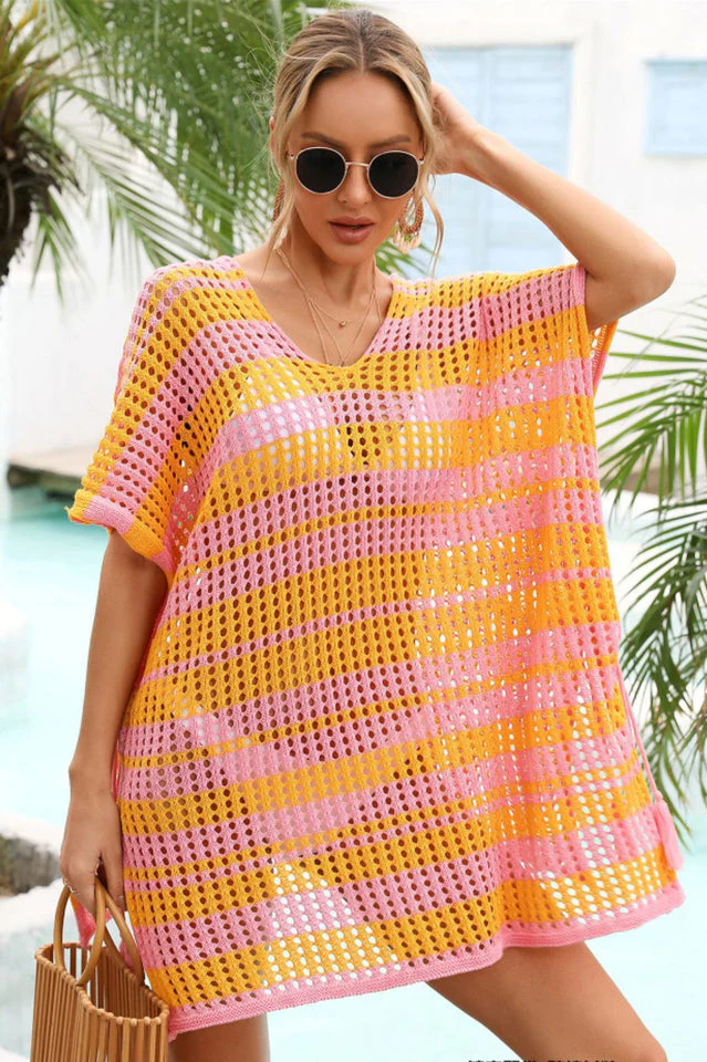 Multicolored Stripe V Neck Cover Up - Image 14