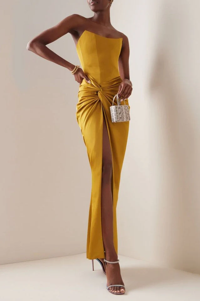 Mustard Draped Satin Corset Maxi Dress - Image 3