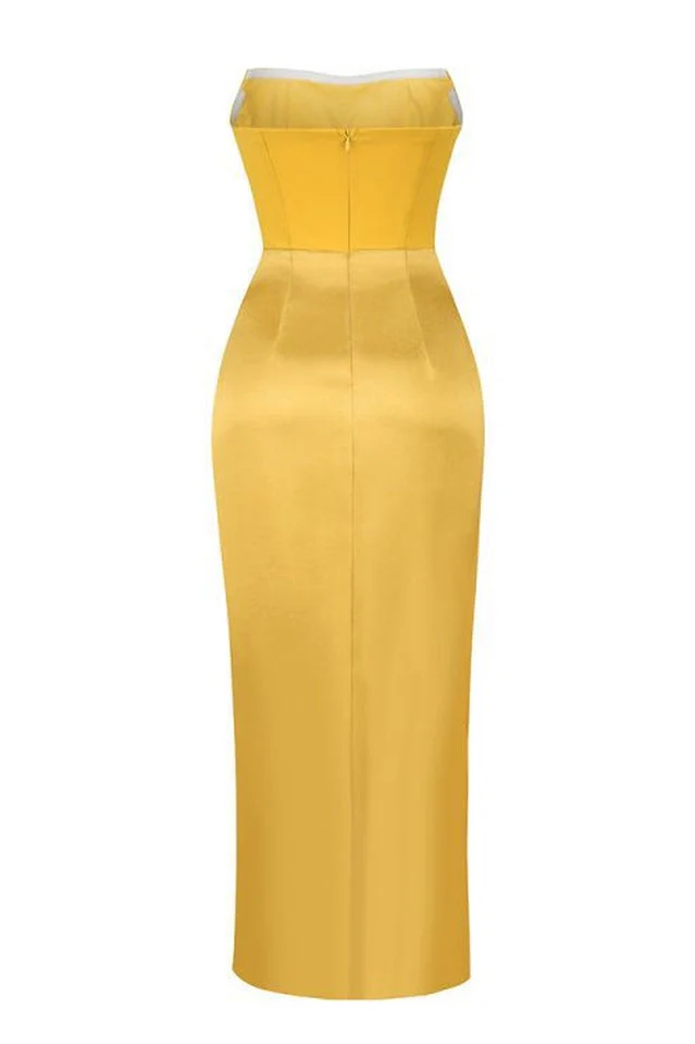 Mustard Draped Satin Corset Maxi Dress - Image 5