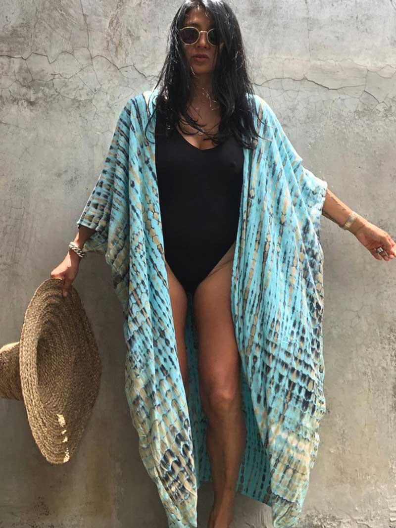 Tie-Dye Print Different Colors Rayon Long Length Gown Kimono Duster Robe - Image 12