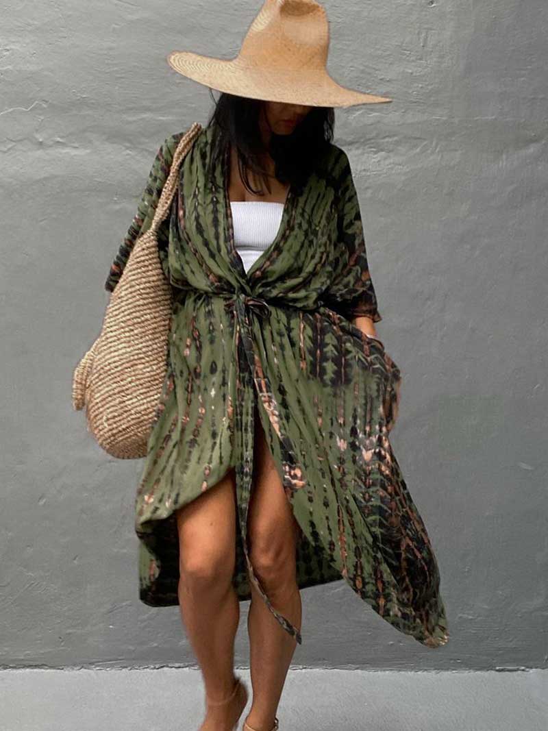 Tie-Dye Print Different Colors Rayon Long Length Gown Kimono Duster Robe - Image 2