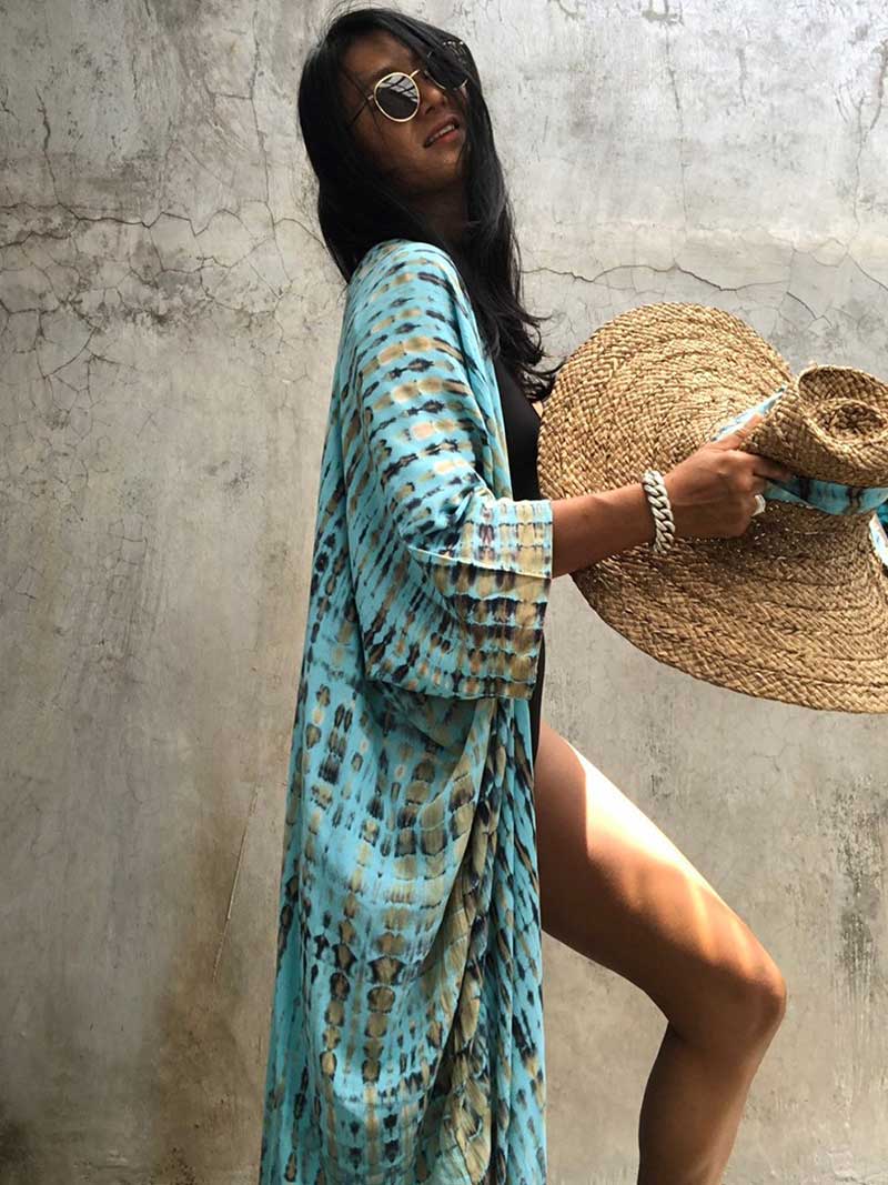 Tie-Dye Print Different Colors Rayon Long Length Gown Kimono Duster Robe - Image 23