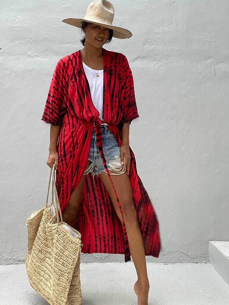 Tie-Dye Print Different Colors Rayon Long Length Gown Kimono Duster Robe - Image 12