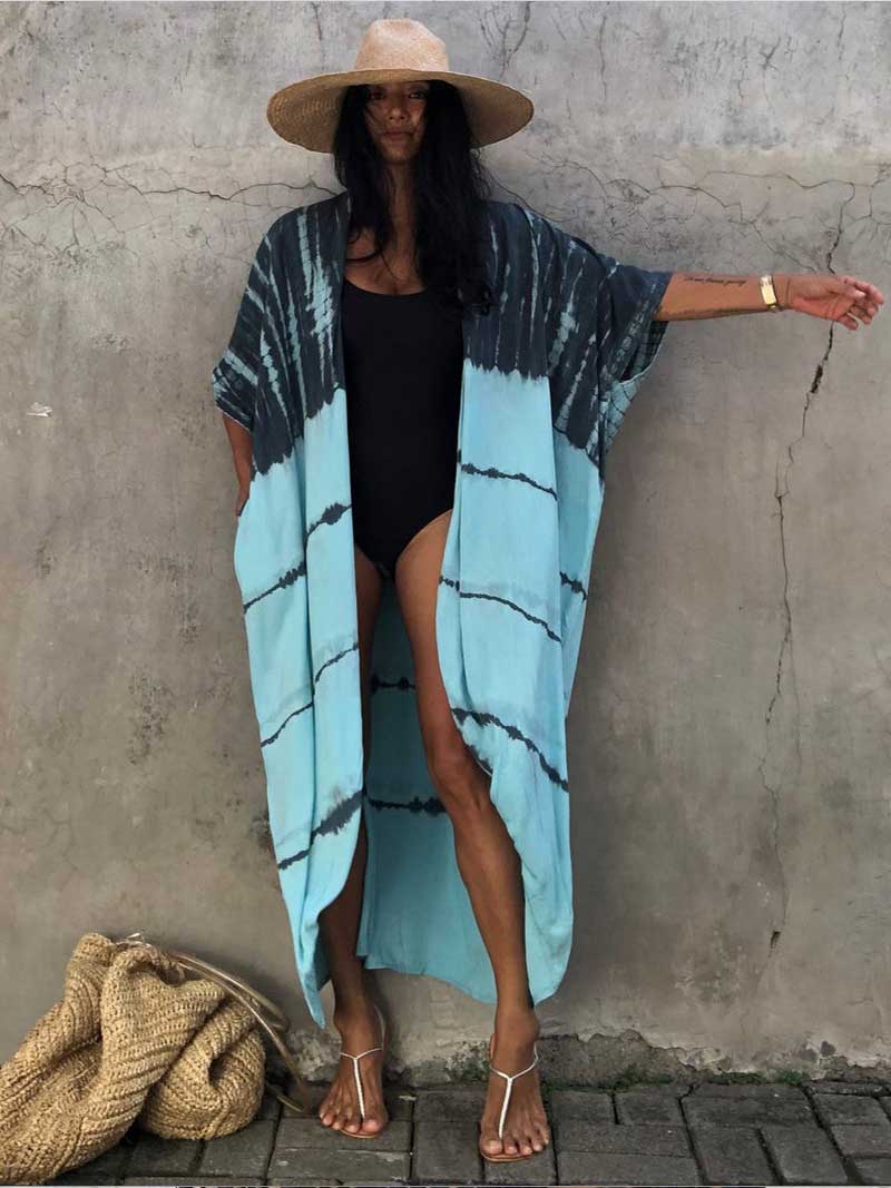 Tie-Dye Print Different Colors Rayon Long Length Gown Kimono Duster Robe - Image 19