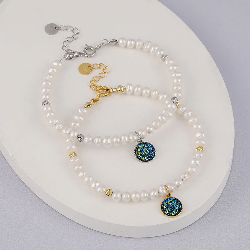Natural Baroque Pearl Beaded Sterling Silver Quartz Charm Bracelet - Image 3