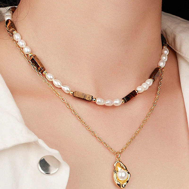 Natural Freshwater Pearl Beaded Baguette Cut Tiger Eye Choker NeckLace - Image 4