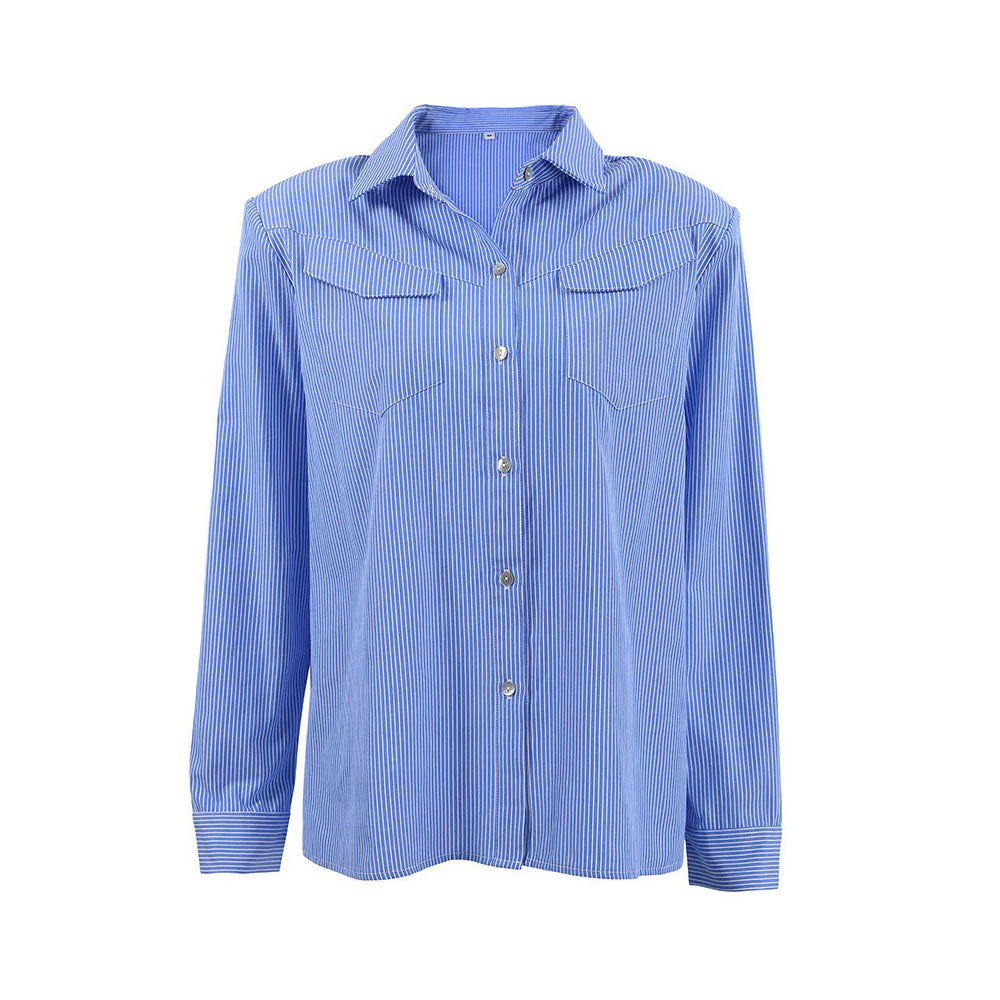 Nautical Stripe Print Shoulder Pad Long Sleeve Button Up Collared Shirt - Blue - Image 4