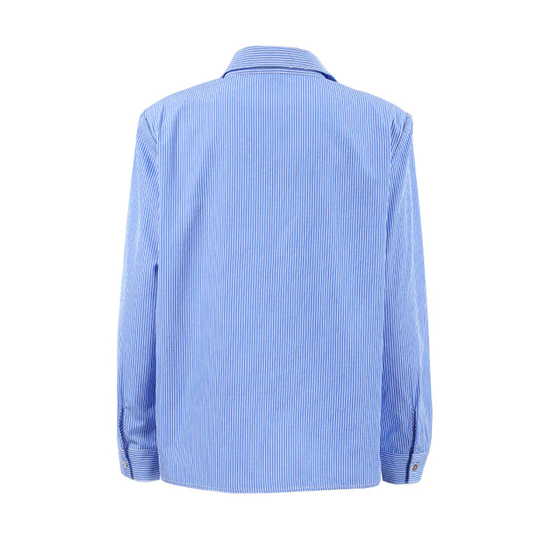 Nautical Stripe Print Shoulder Pad Long Sleeve Button Up Collared Shirt - Blue - Image 5