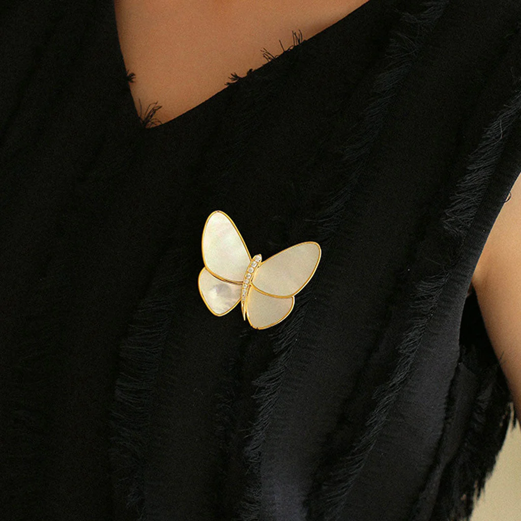 AGE MAGIC 18K Gold Plated Cubic Zirconia Mother of Pearl Butterfly Brooch - Image 2