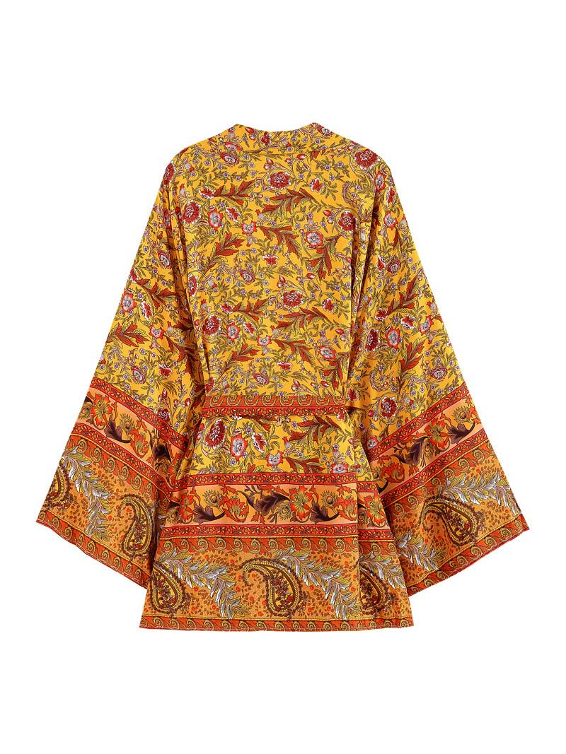 Night Wear Floral Print Yellow Cotton Short Kimono Gown Duster Robe - Image 2