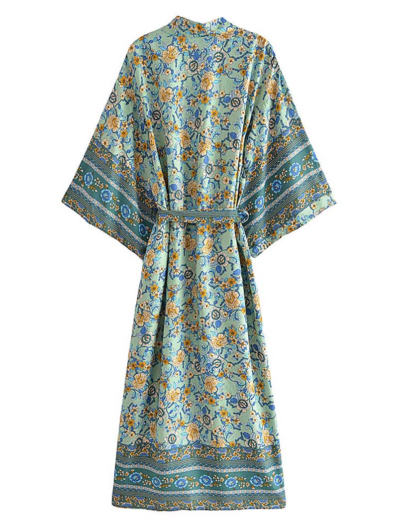 Beachwear Long Gown Floral Print Green Color Cotton Gown Robe Kimono - Image 2
