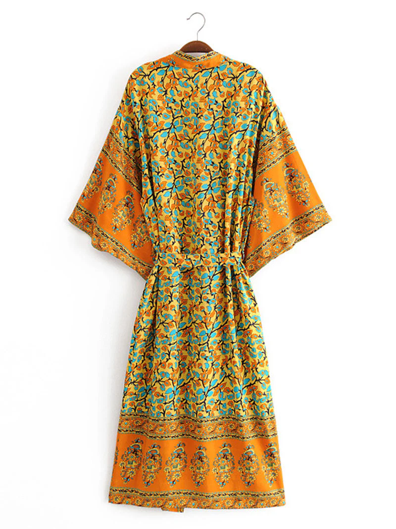 Beachwear Kimono Floral Bohemian Print Orange Color Cotton Viscose Long Length Gown Kimono Duster Robe - Image 6