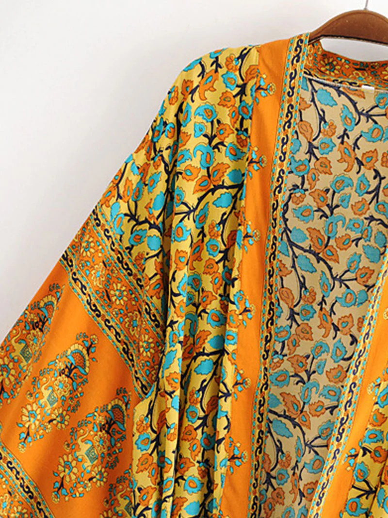 Beachwear Kimono Floral Bohemian Print Orange Color Cotton Viscose Long Length Gown Kimono Duster Robe - Image 8