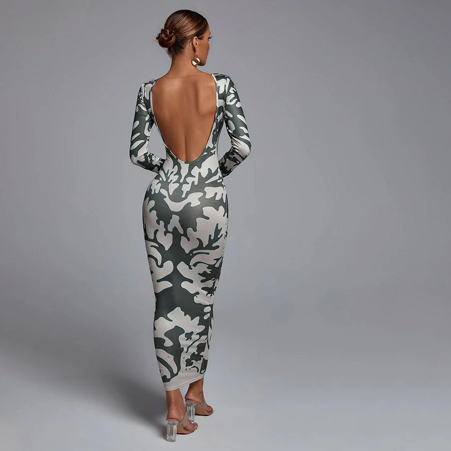 KYLIE Long Sleeve Backless GREEN PRINT Dress - Image 3