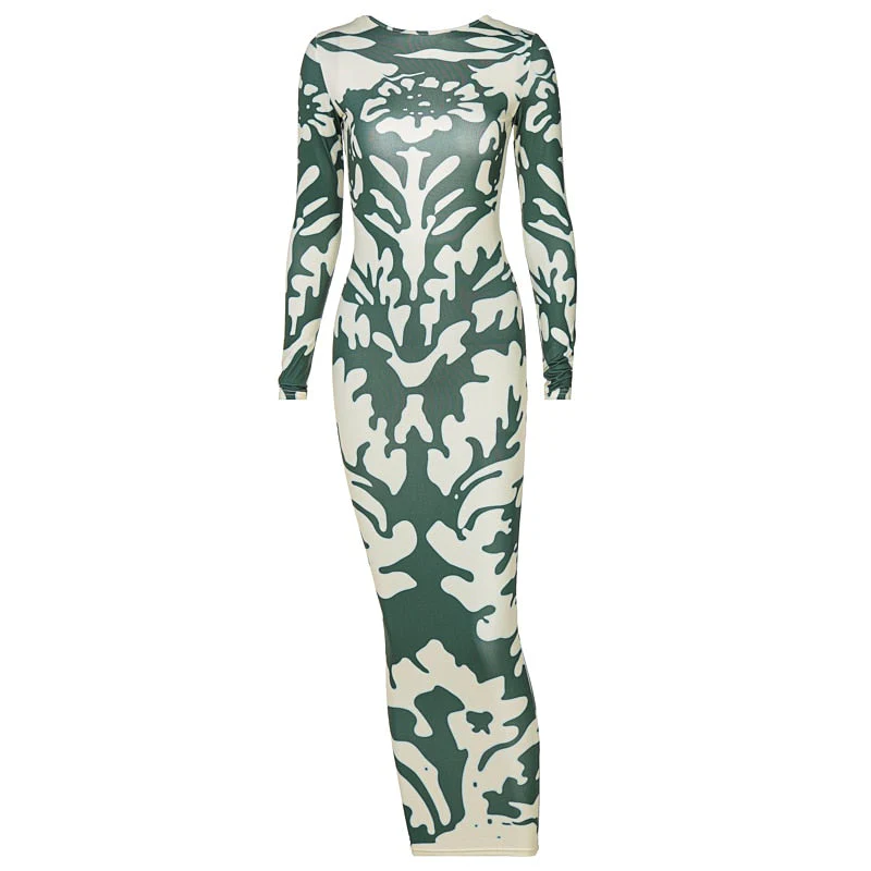 KYLIE Long Sleeve Backless GREEN PRINT Dress - Image 8
