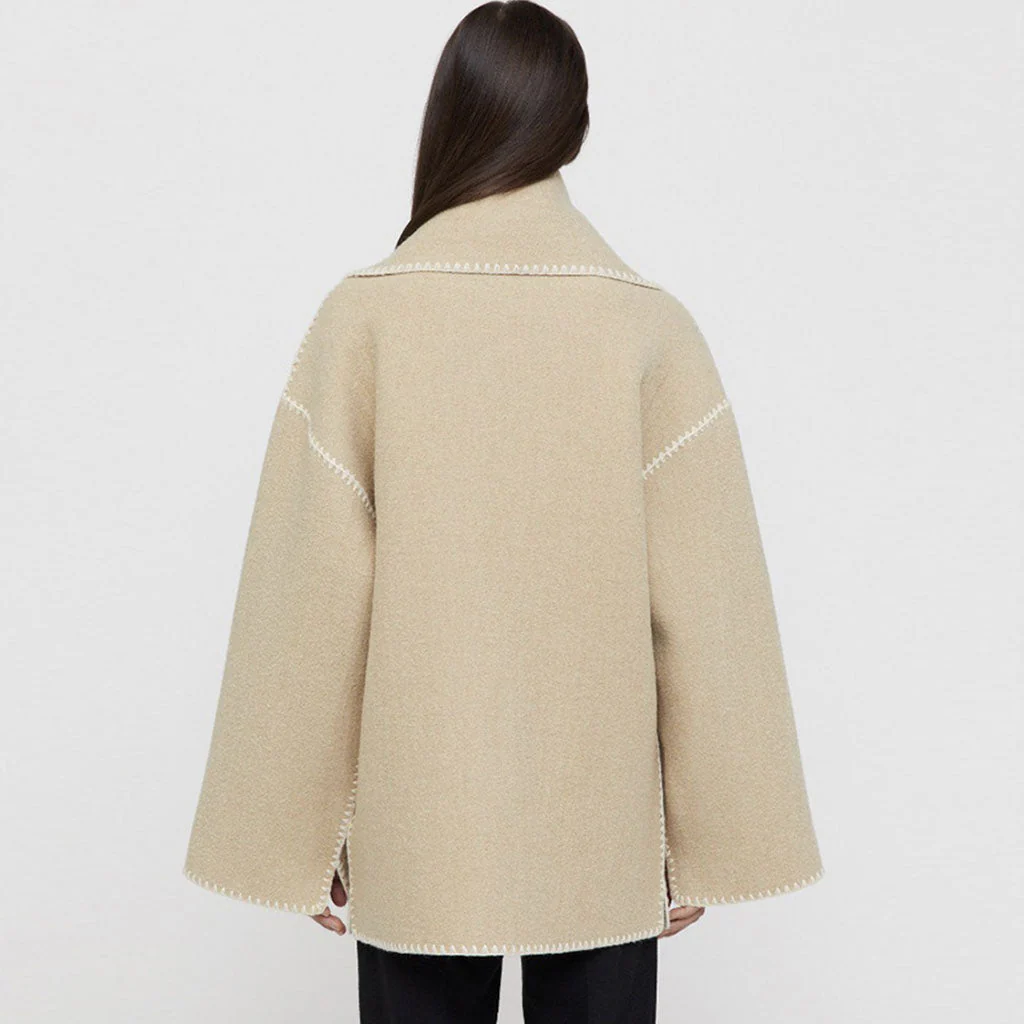 Nordic Style Crochet Edge Single Breasted Pocket Wool Blend Fringe Trim Scarf Coat - Image 2