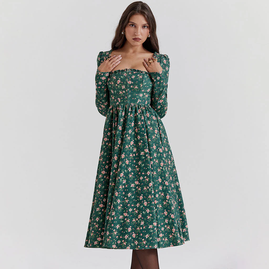 Nostalgic Frilled Square Neck High Waist Long Sleeve Floral Printed Midi Cocktail Dress - Image 2