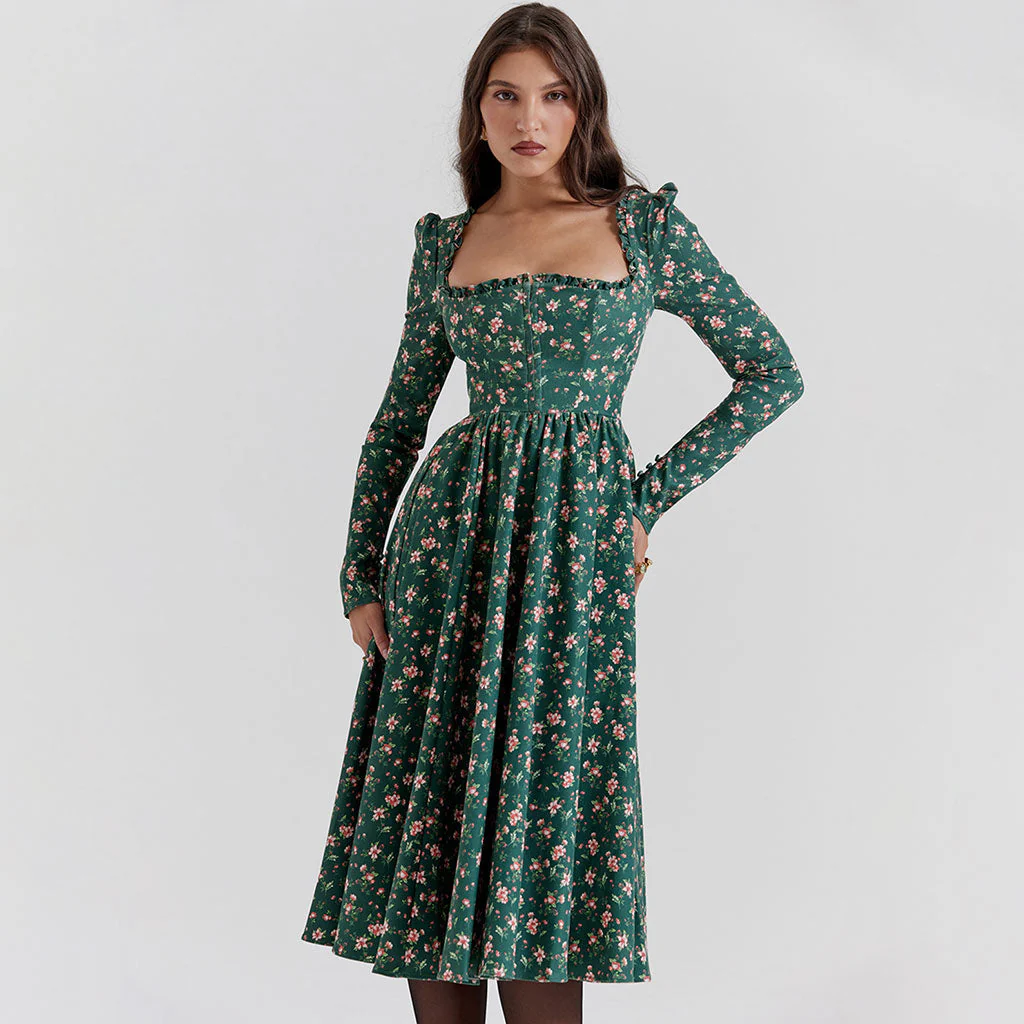 Nostalgic Frilled Square Neck High Waist Long Sleeve Floral Printed Midi Cocktail Dress - Image 3