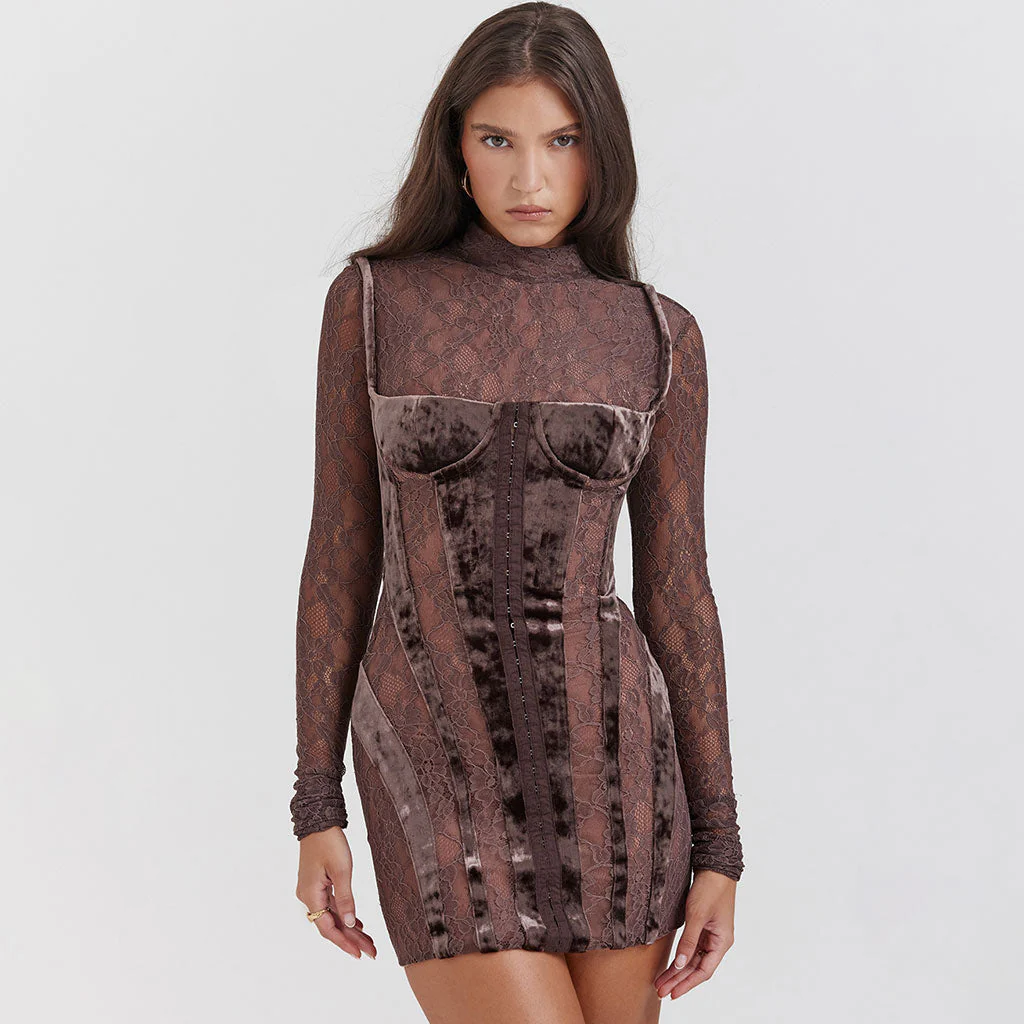 Nostalgic High Neck Long Sleeve Velvet Panel Sheer Lace Corset Mini Dress - Image 2