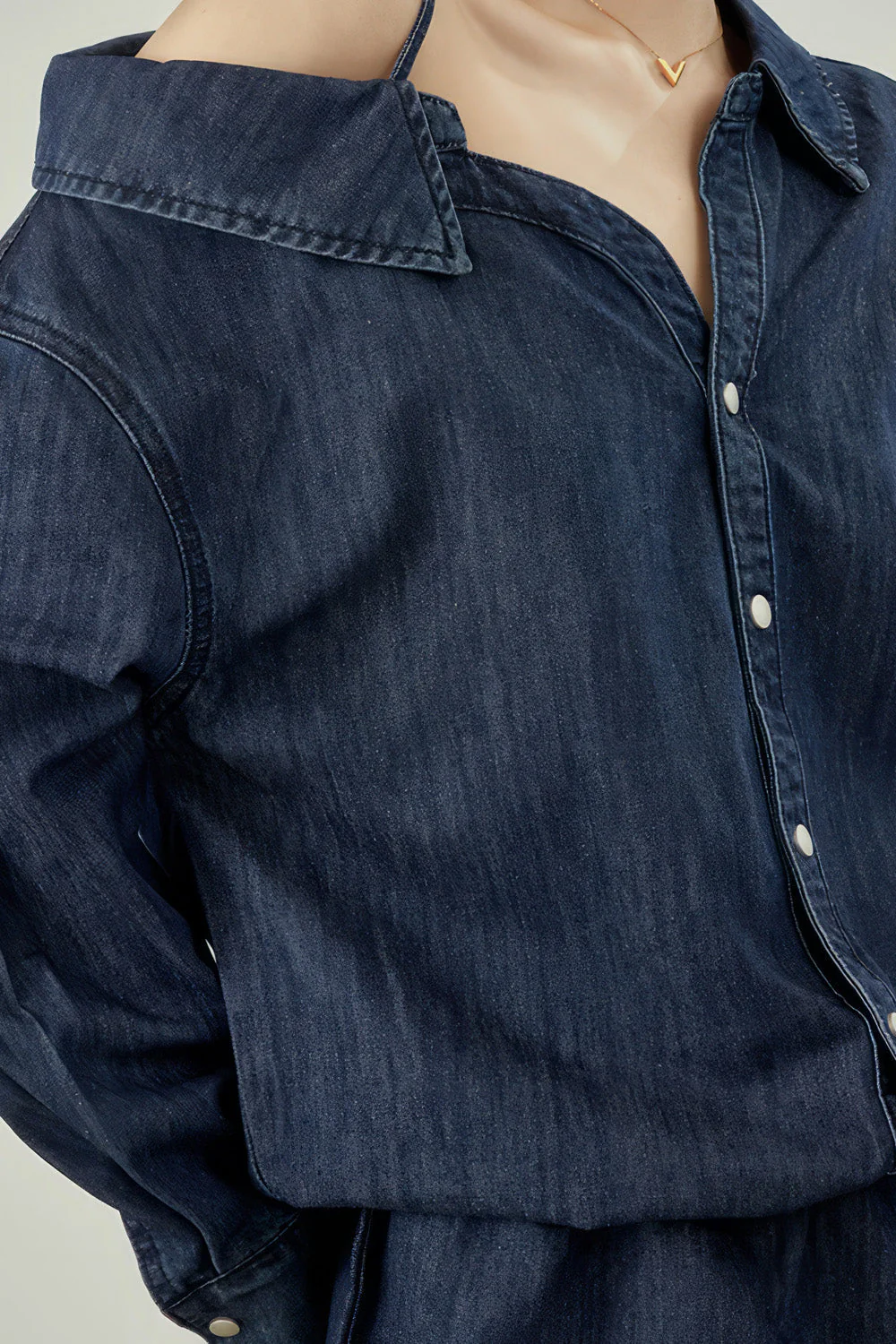 Off Shoulder Denim Dress - Dark Blue - Image 2
