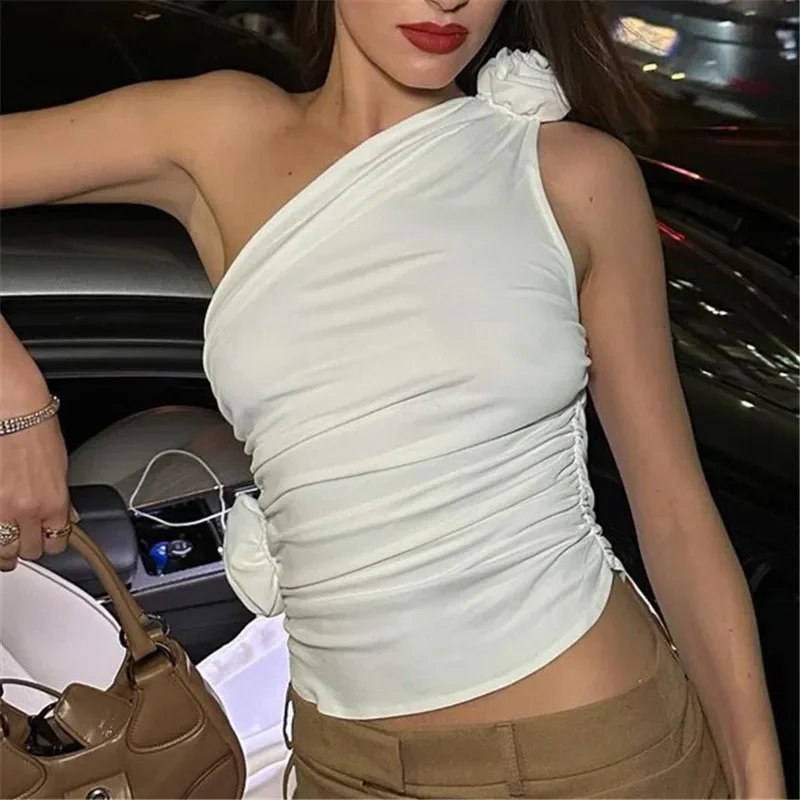 WHITE ONE SHOULDER TOP with Flowers - Image 5
